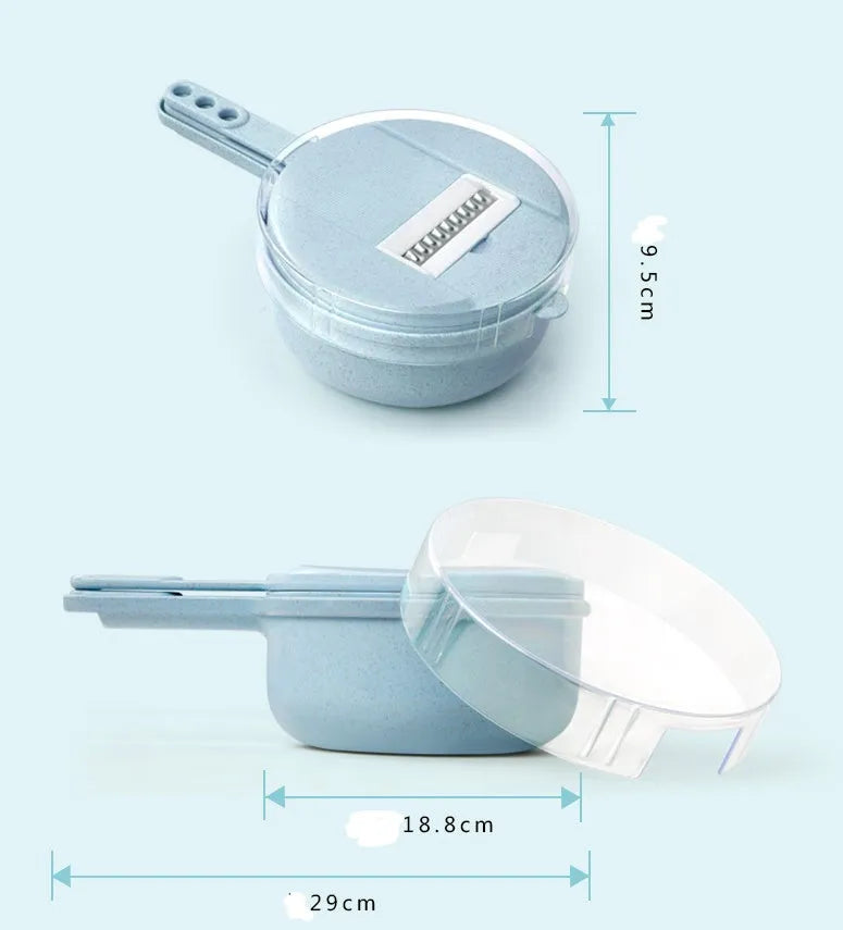 8 In 1 Mandoline Slicer vegetable slicer with stainless steel blades, strainer, and hand guard in blue