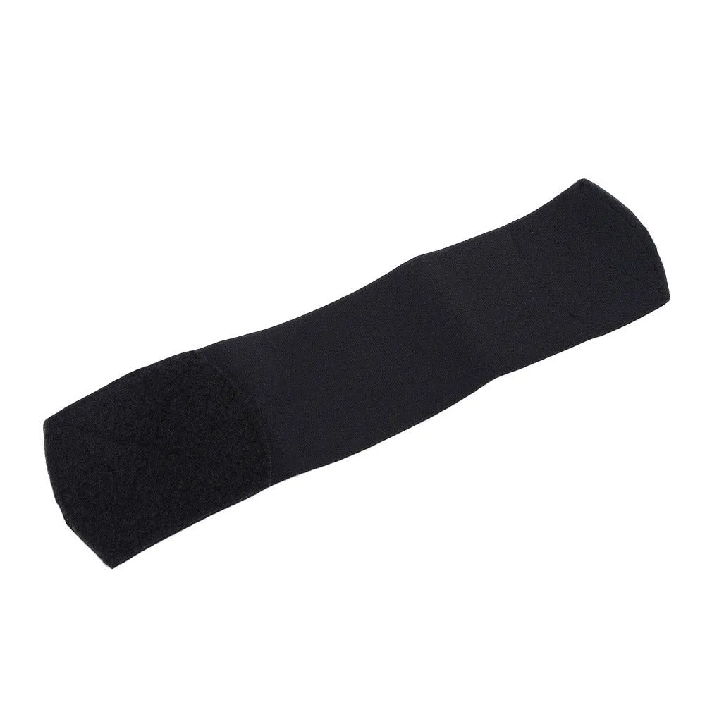 Red elastic rubber strap for securing football shin guards, shown at approximate size.