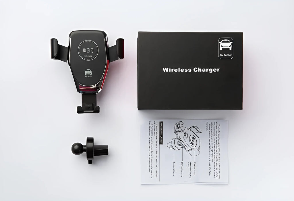 Black car wireless charger mount showing phone clamped automatically with ventilation installation