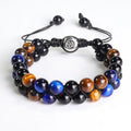 Men's tiger eye stone woven bracelet with geometry pattern and magnet closure
