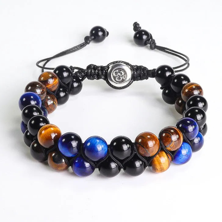 Men's tiger eye stone woven bracelet with geometry pattern and magnet closure