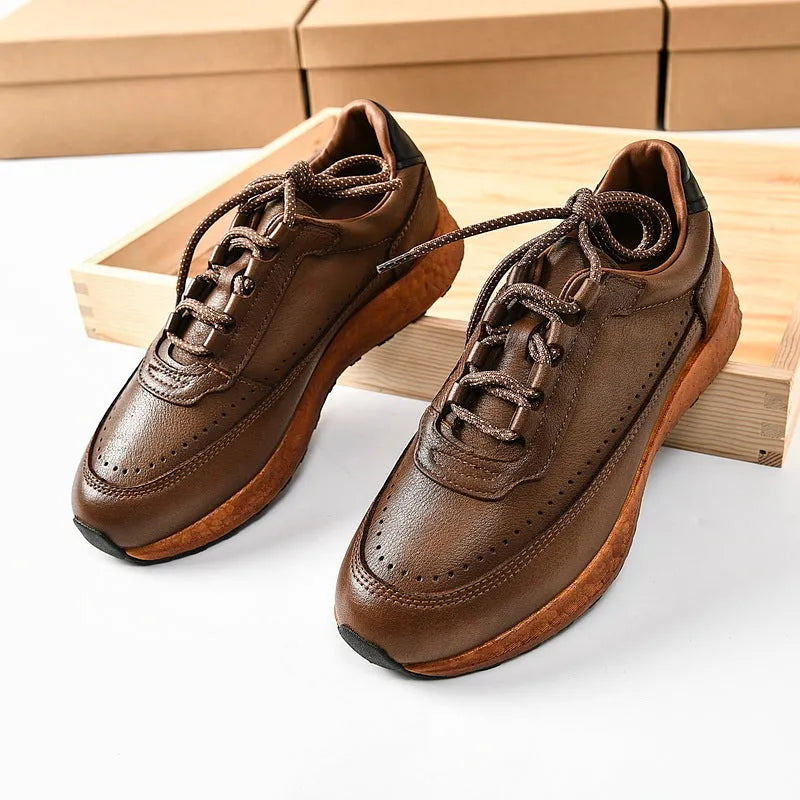 Men's first layer cowhide retro sports casual shoes, lace-up, rubber sole, Brown Coffee Grey, sizes 39-45.