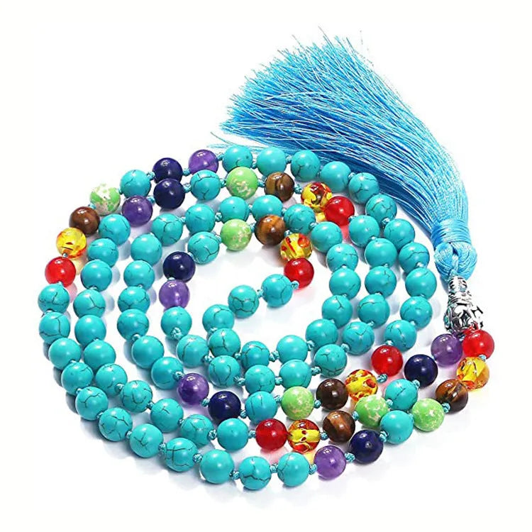 Agate tassel necklace with multiple stone colours including Indian agate, amethyst and blue grain stone on 95-100cm length