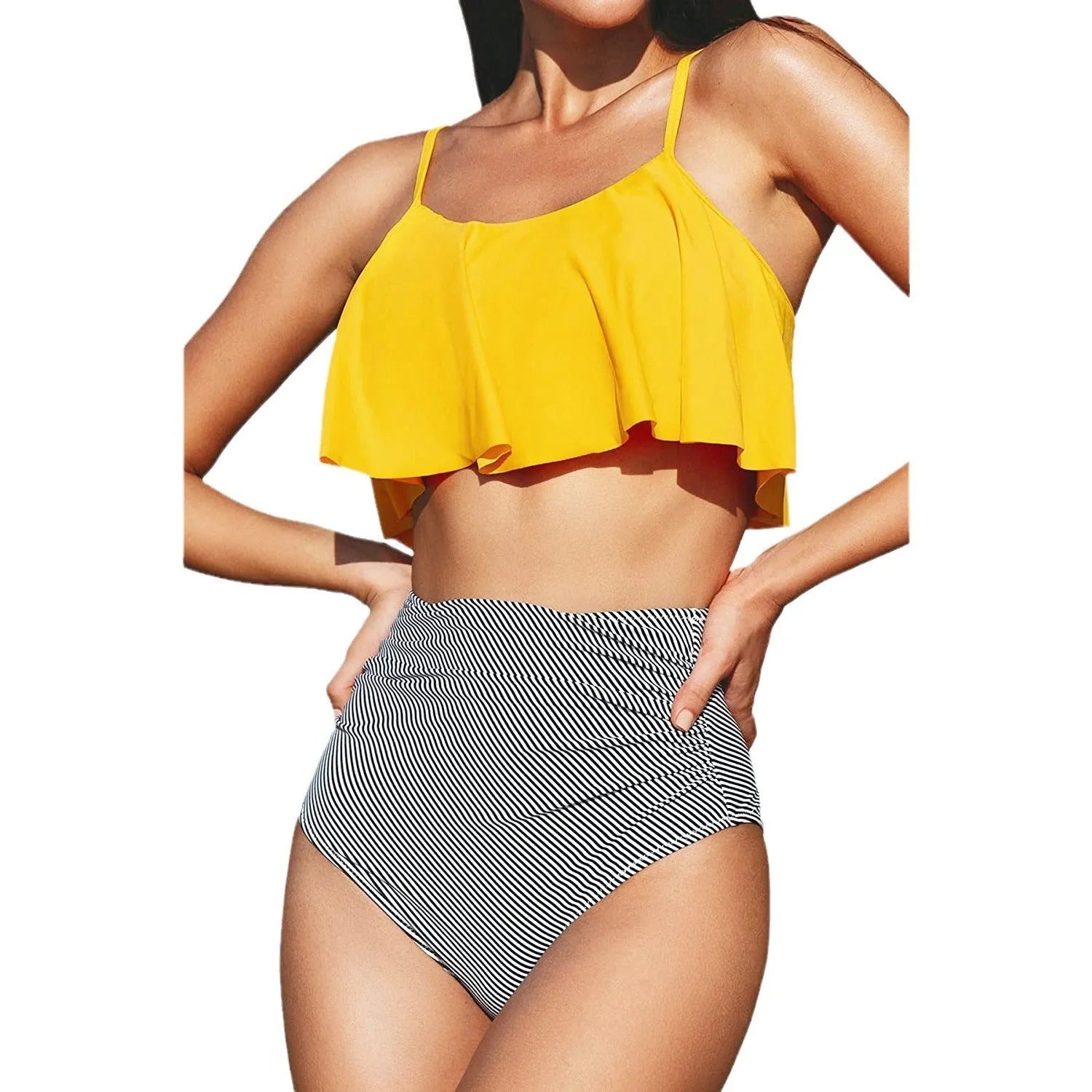 Striped bikini swimsuit with ruffle trim in solid colour, showing briefs-style bottoms and backless design