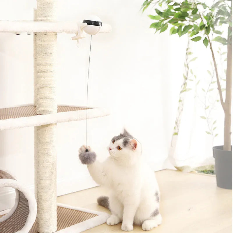 White ABS electric interactive automatic lifting cat ball toy, 7 x 3.5cm clip-on pet toy with replaceable hairball