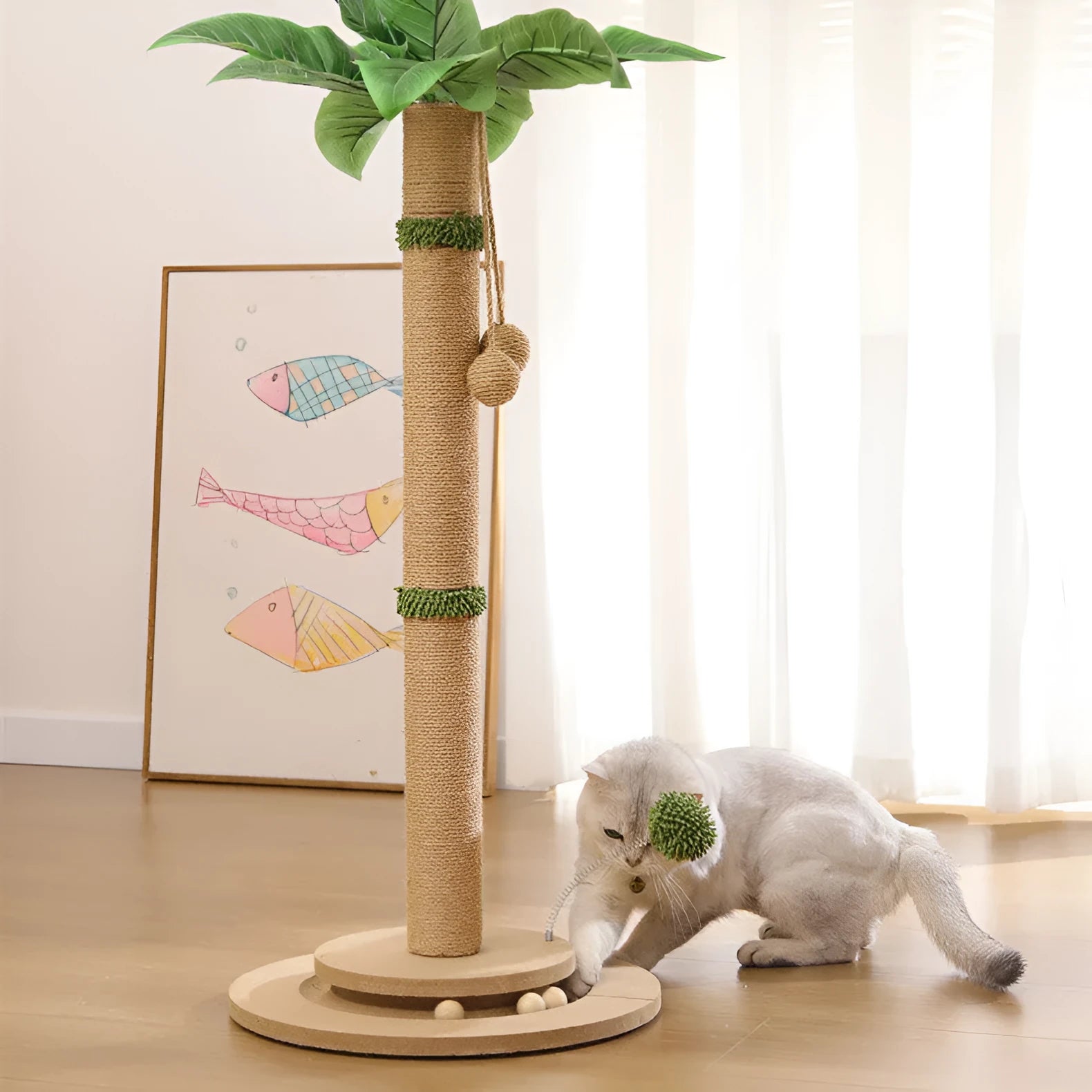 Vertical canna-coloured cat climbing frame with a hemp rope scratching post and simple design.