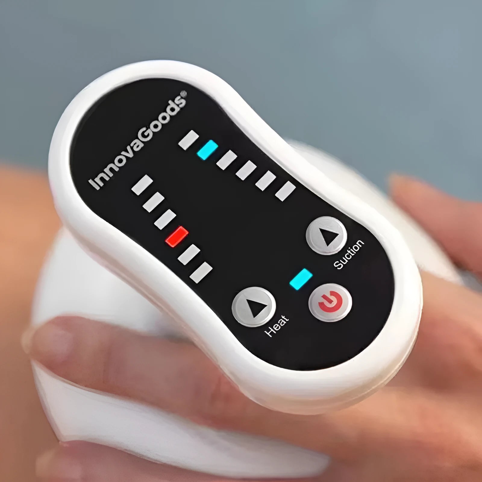 White automatic electric cupping scraper device with rechargeable battery and variable speed control, ABS body, English version
