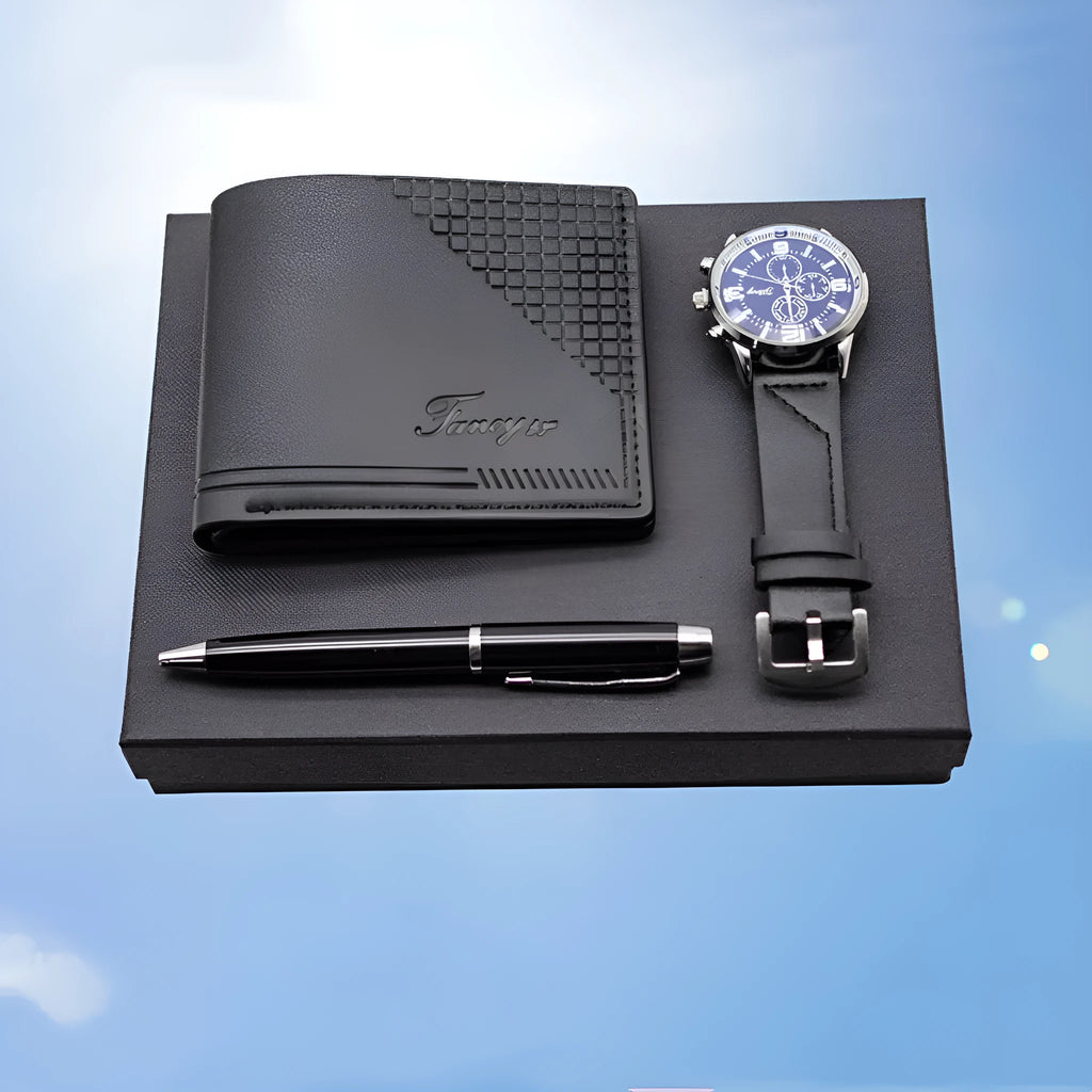 Brown and black wallet pen watch gift sets with modern simple style gift box packaging