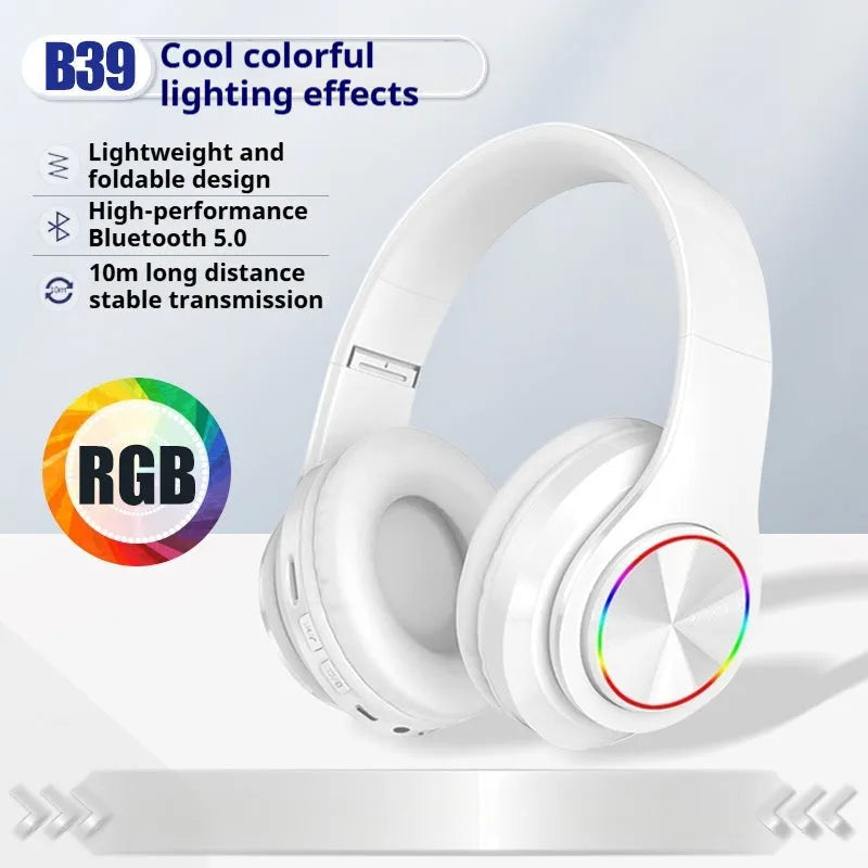 Black wireless over-ear Bluetooth gaming headset with LED breathing lights on the earcups.