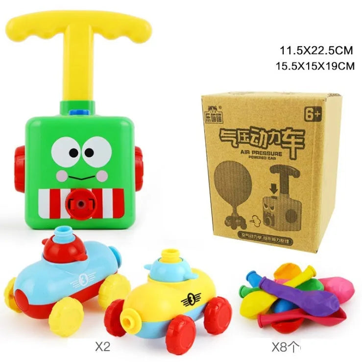 Children's air balloon powered car toy with ABS plastic construction, 2 cars, and 12 balloons on a white background