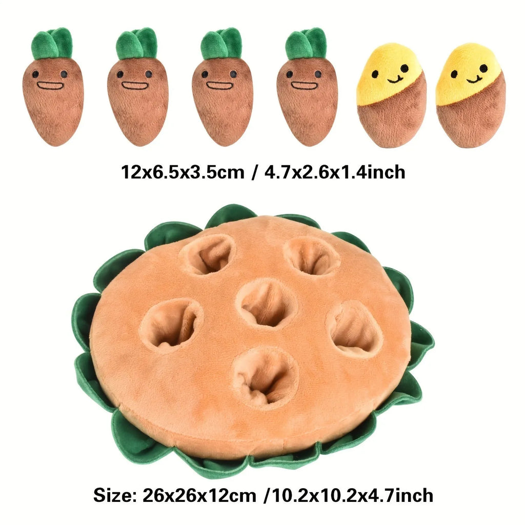 Yellow interactive dog puzzle toy with removable squeaky plush toys on foraging pad