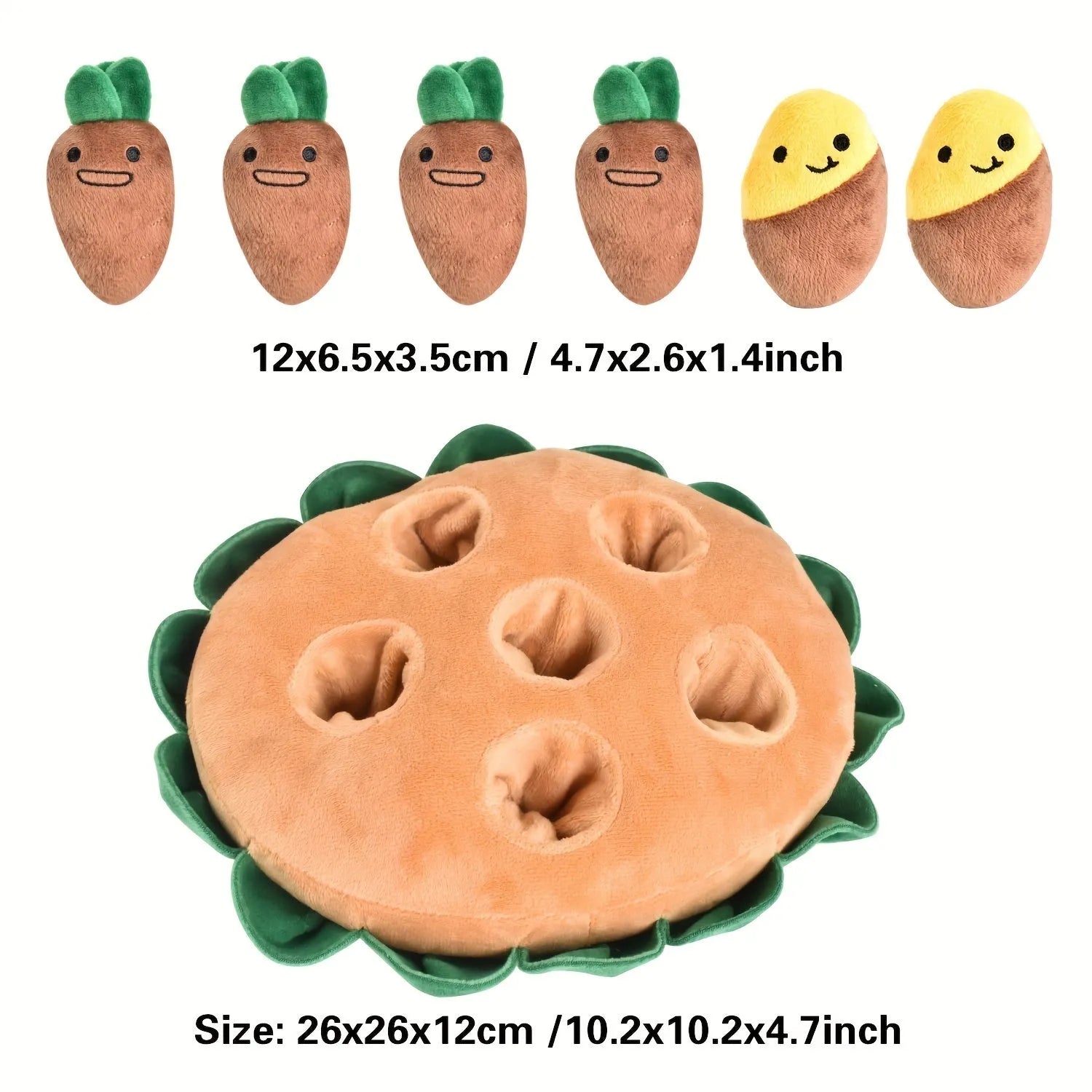 Yellow interactive dog puzzle toy with removable squeaky plush toys on foraging pad