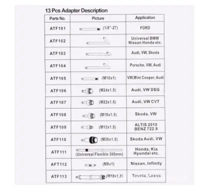 Thirteen-piece automatic transmission oil refuelling tool kit with injector and wave box connector.