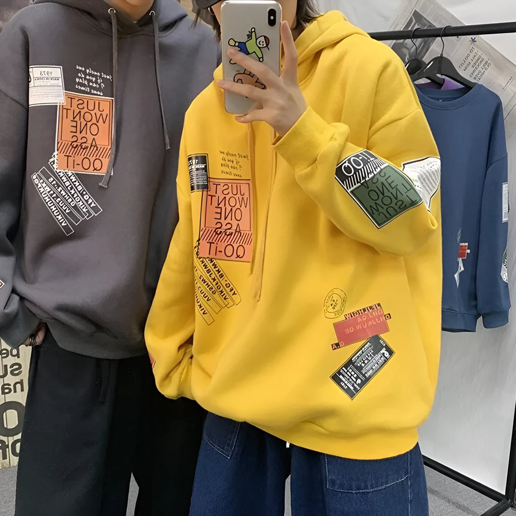 Printed hoodie long sleeve pullover with hood, cotton blend, 85% polyester, eight colours, sizes M to 5XL