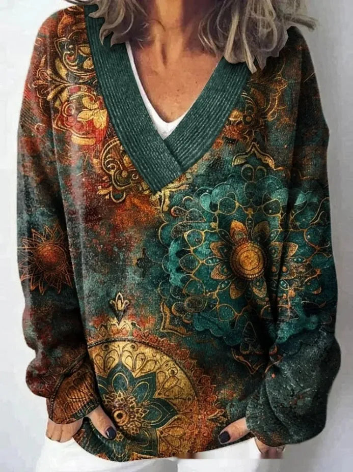 Women's v-neck long sleeve sweatshirt with a raised 3D floral pattern print in multiple colour options