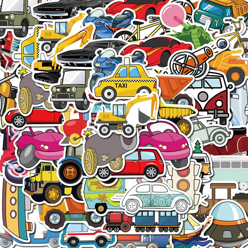 Colourful cartoon car and excavator graffiti stickers on a white background, 4x6cm each