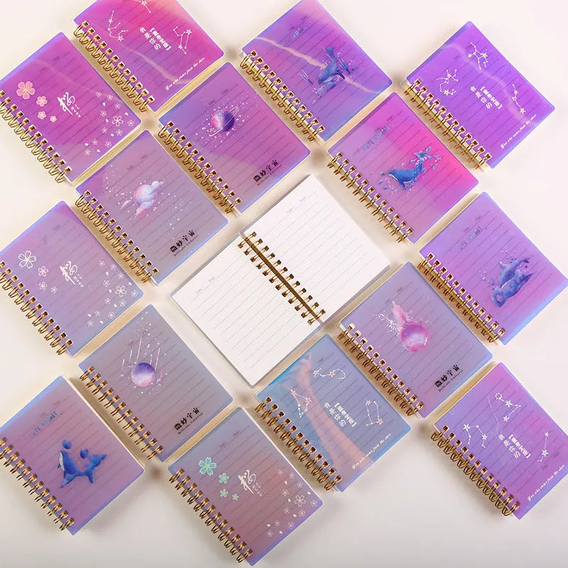 A7 spiral bound pocket notebook in one of four colour options, showing the coil binding and PP cover.