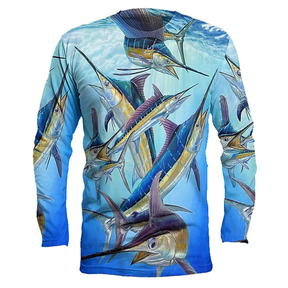 Men's grey pullover top with a detailed fish pattern print, featuring a round neck and long sleeves.