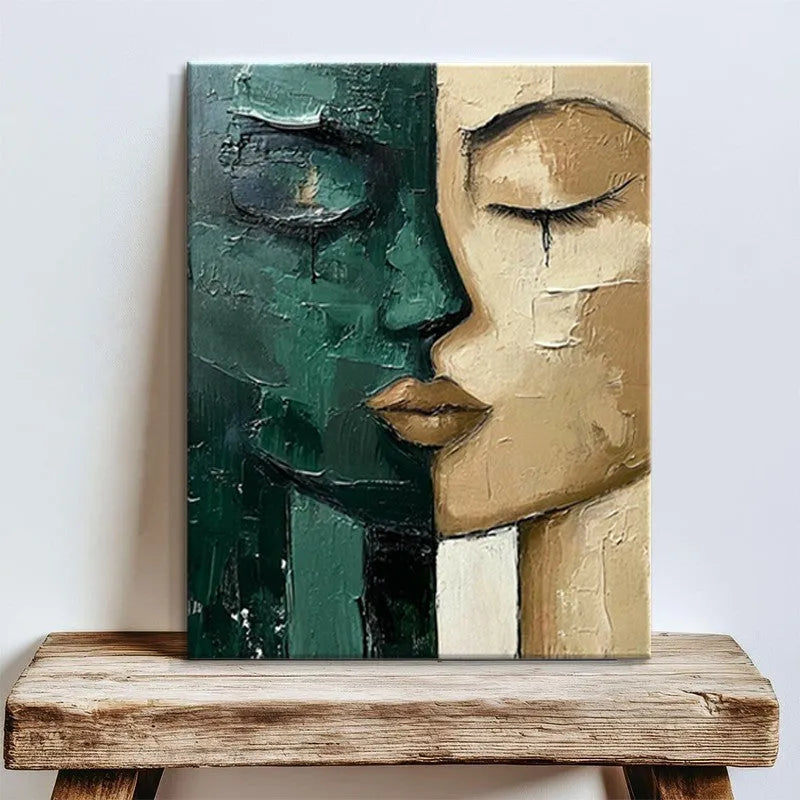 Hand-painted oil painting modern art green and beige face on canvas wall decor