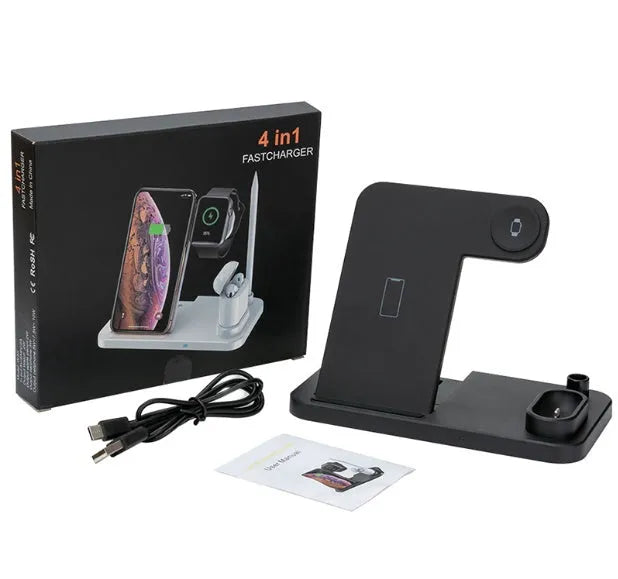 Black 4-in-1 wireless charging station with phone on adjustable magnetic stand, charging Apple Watch, AirPods, and Apple Pencil.