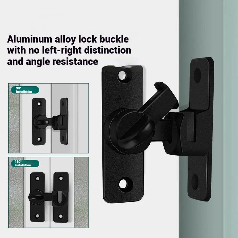 Aluminium alloy punch-free door latch in silver, black, grey, and gold finishes showing 90 and 180 degree opening angles.