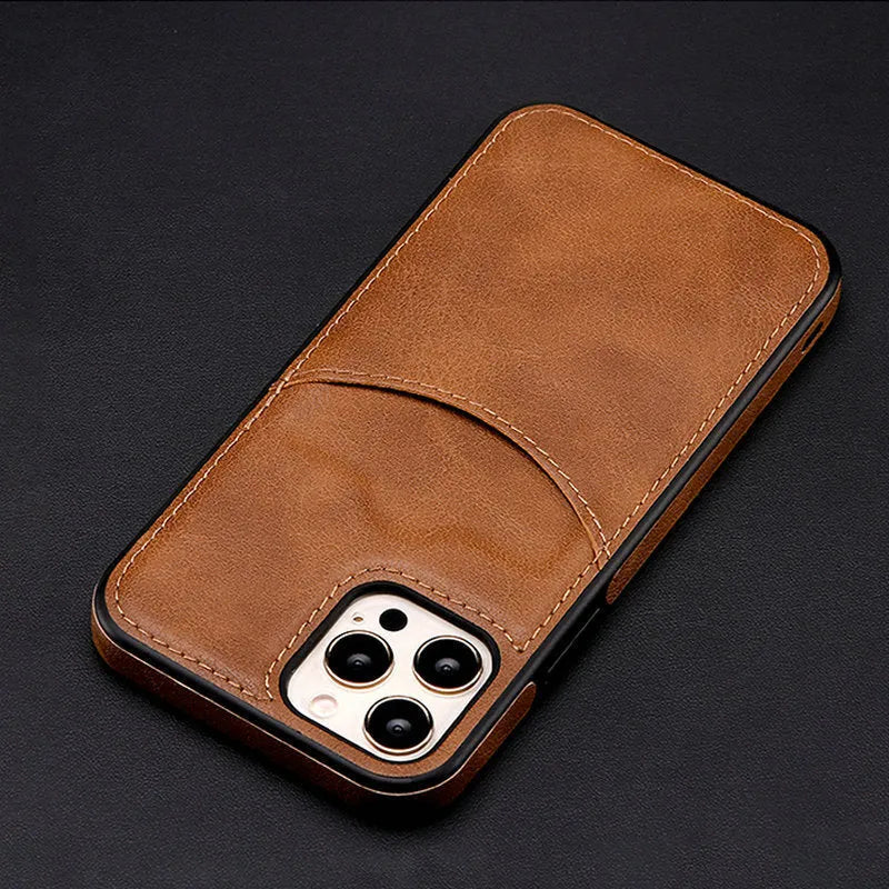 Dark blue PU leather protective case for iPhone, shown fitting multiple models.