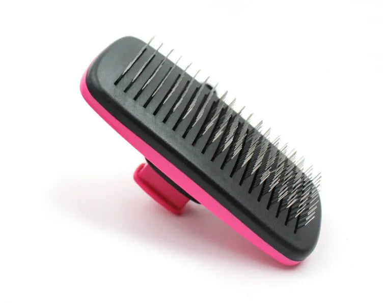 Rose red self-cleaning pet comb with stainless steel teeth and ergonomic handle for removing dog and cat hair