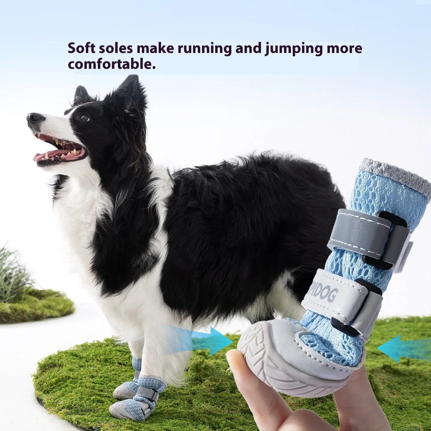Cartoon style blue and green PU dog shoes for summer, showing wear-resistant soles.