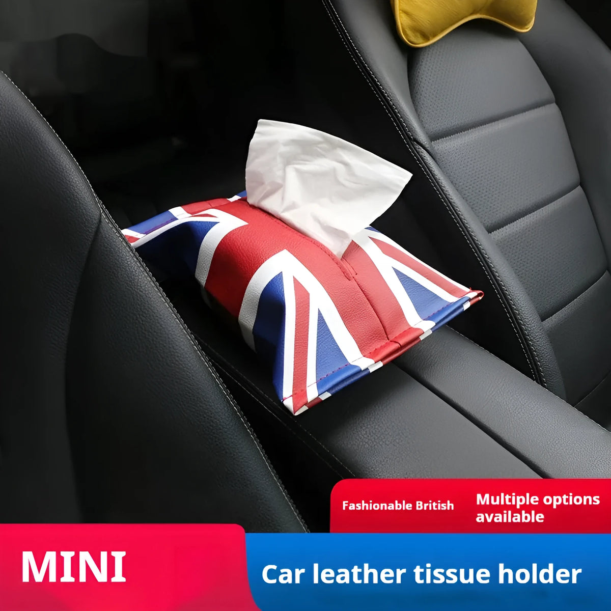 Mini car tissue box in leather with British Union Flag design, 18cm long and 27cm wide