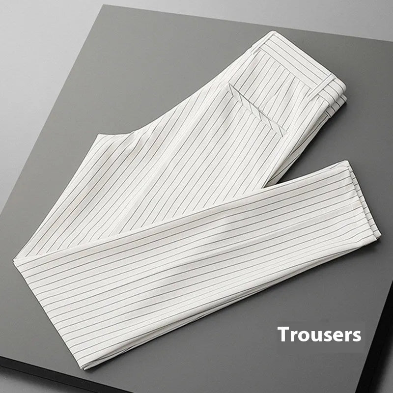 Men's loose draping suit pants in thin striped fabric showing trousers style and crop jeans cuts in black and white colours