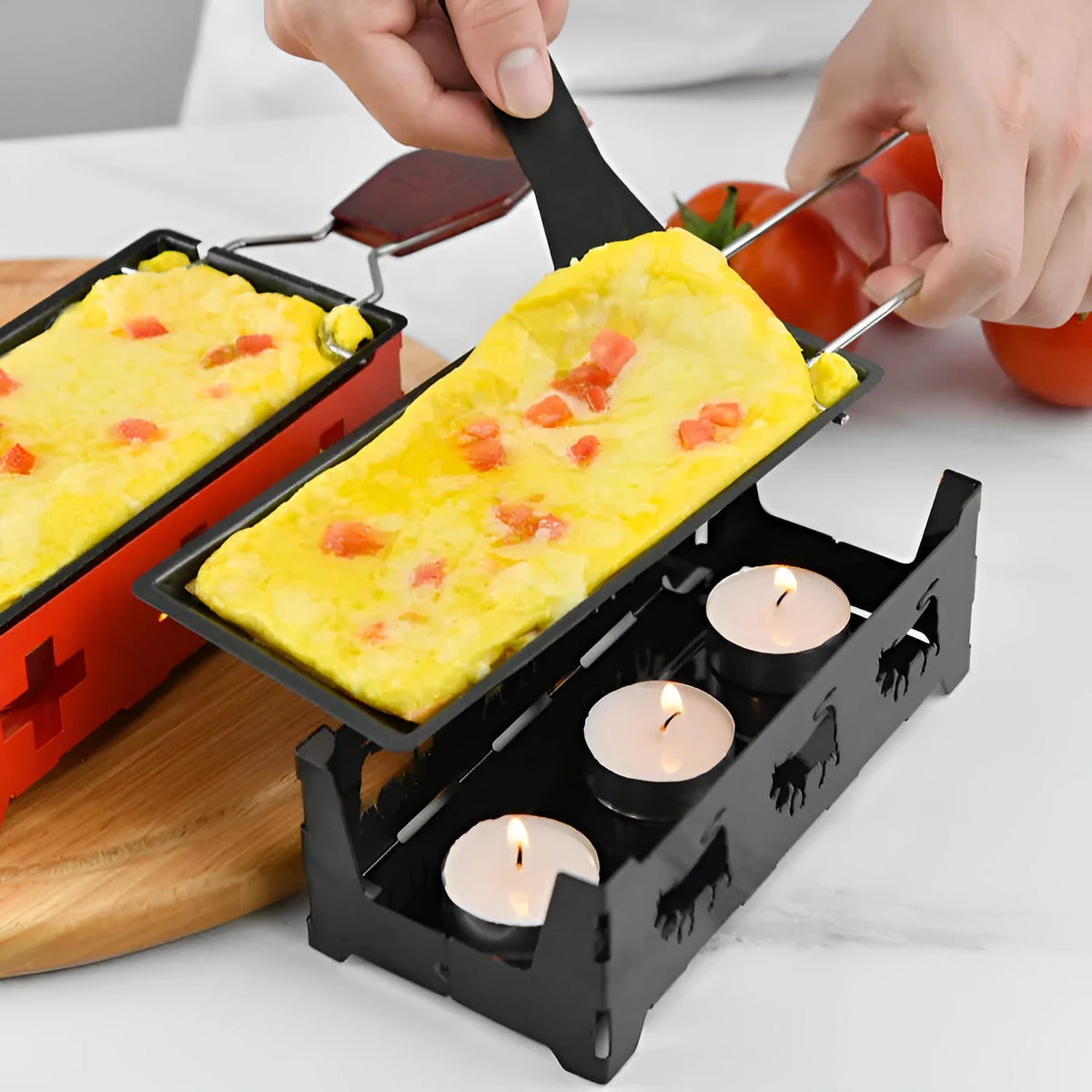 Mini non-stick carbon steel grill plate with candle holder set, 18.5cm x 9cm x 6cm, wooden handle baking tray style