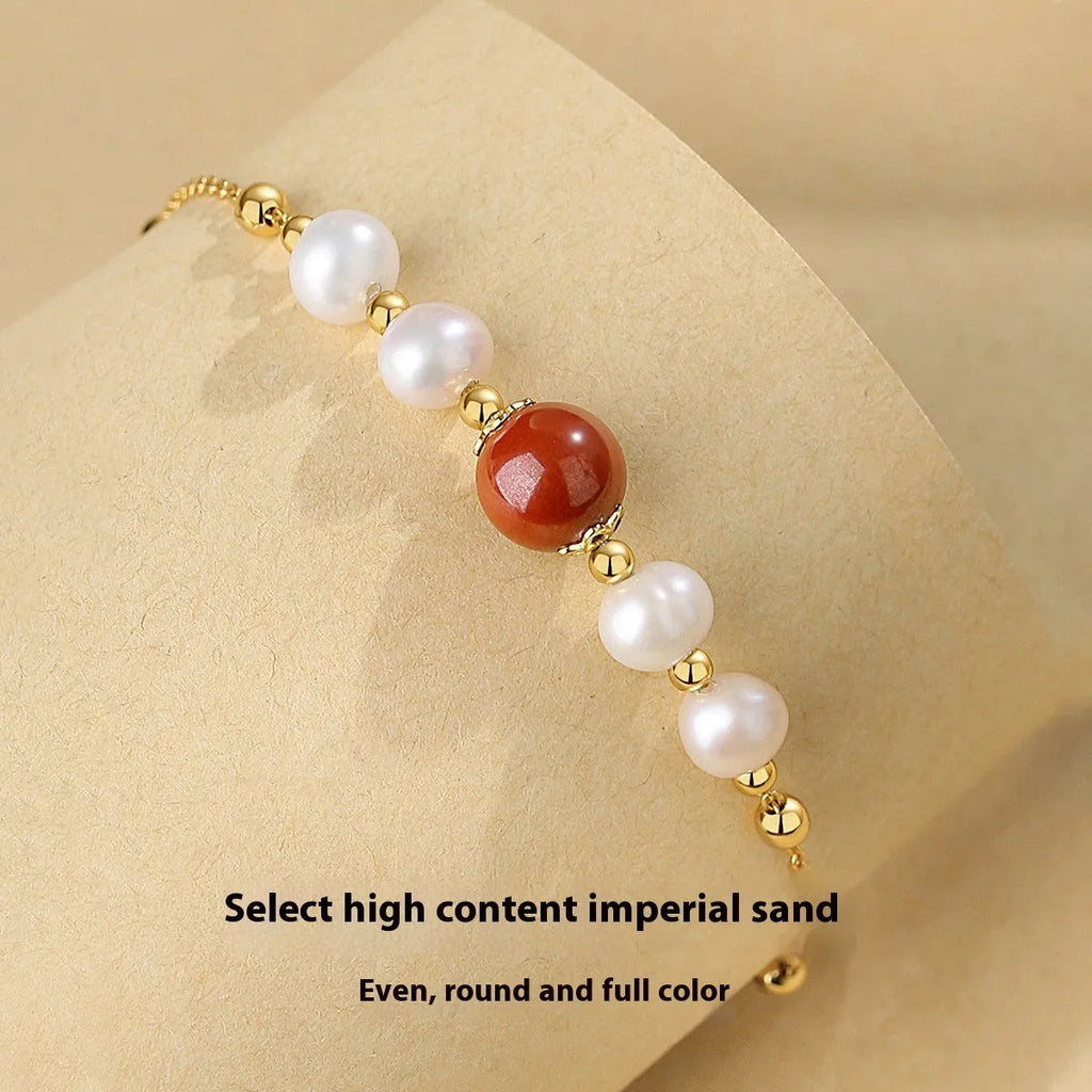 Yellow retro-style 925 silver bracelet with red bean pearl cinnabar design for women