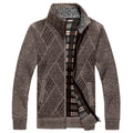 Men's thick cotton blend stand collar zipper cardigan sweater in light gray on model