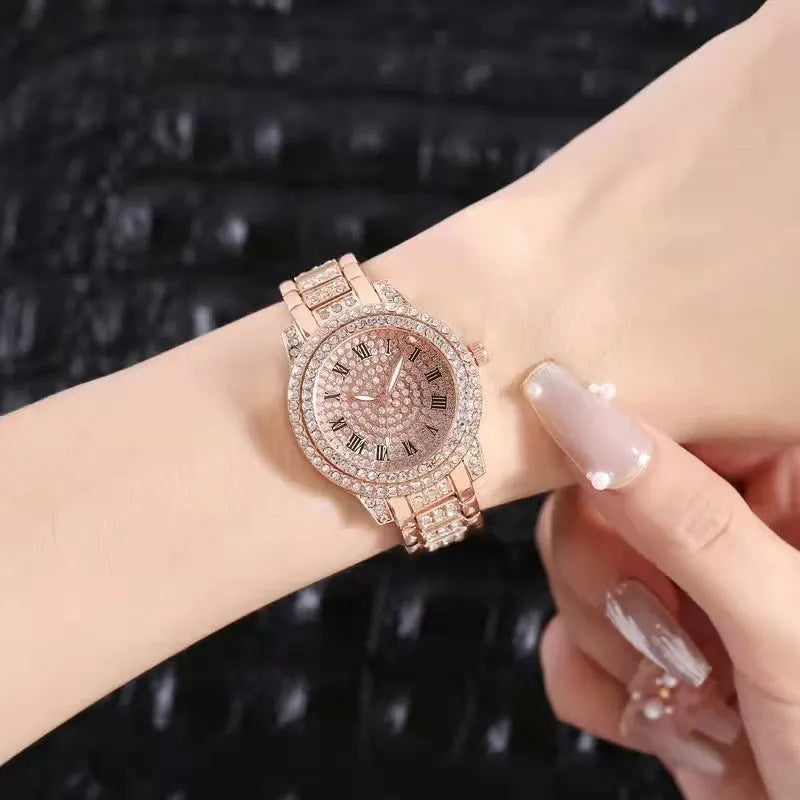 Diamond-encrusted casual women's quartz watch with gold alloy strap and 30mm dial, screw crown