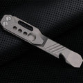 Titanium alloy multi-function crowbar tool with screwdriver tip and bottle opener in stone wash finish.