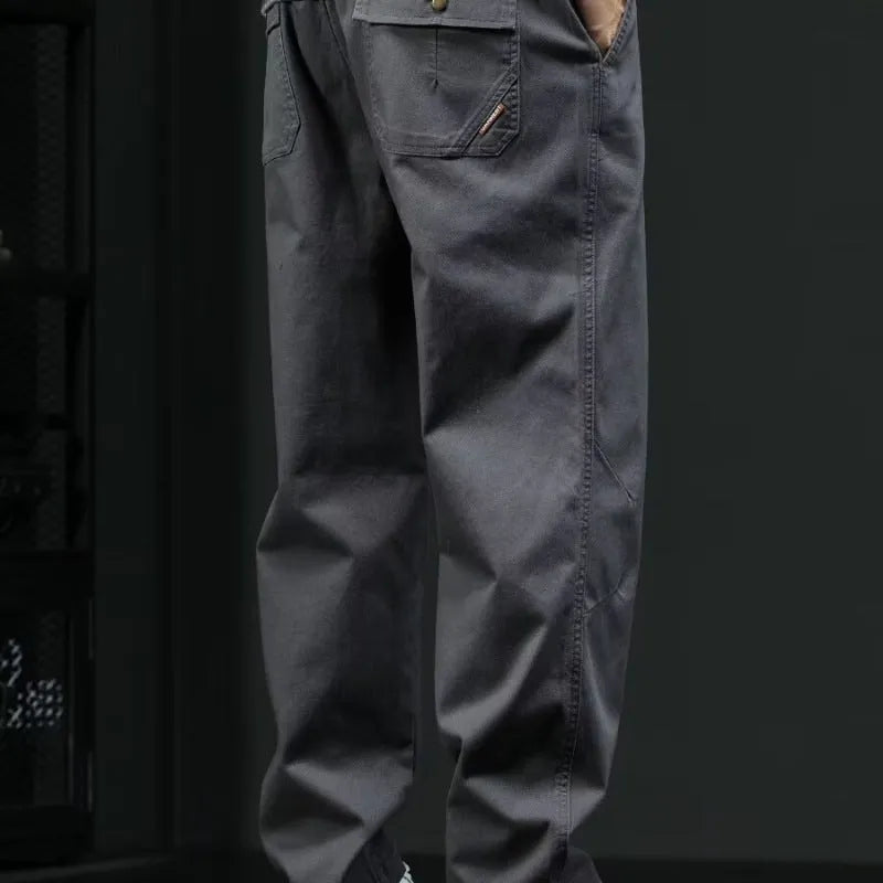 Men's casual straight cotton trousers in black and gray, loose fit, mid waist, available in sizes M to 3XL.
