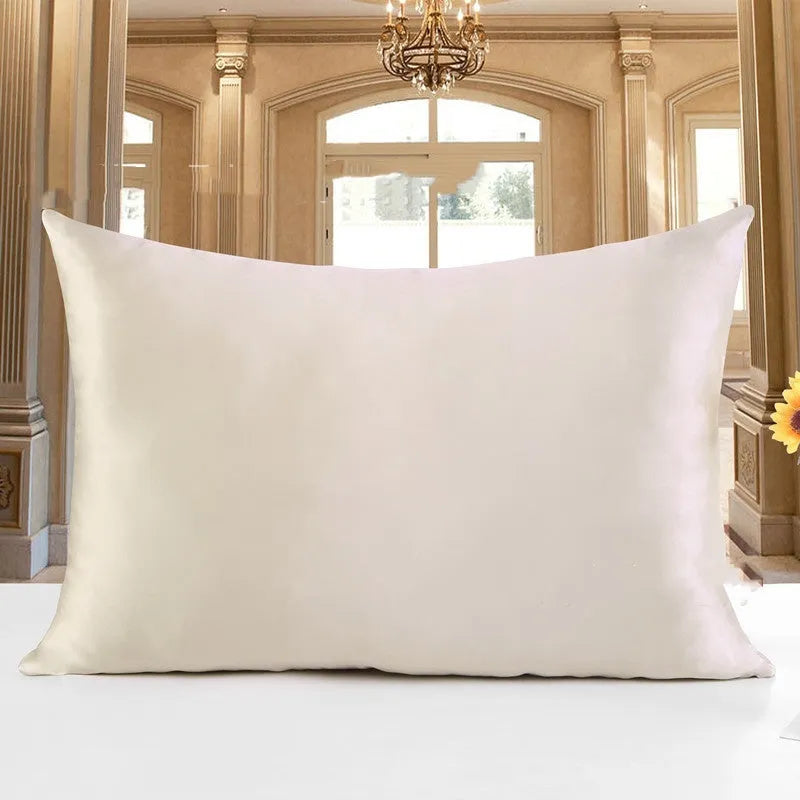 19M double-sided silk pillowcase shown in apricot colour, with size options 51x66, 51x76, and 51x91 cm.