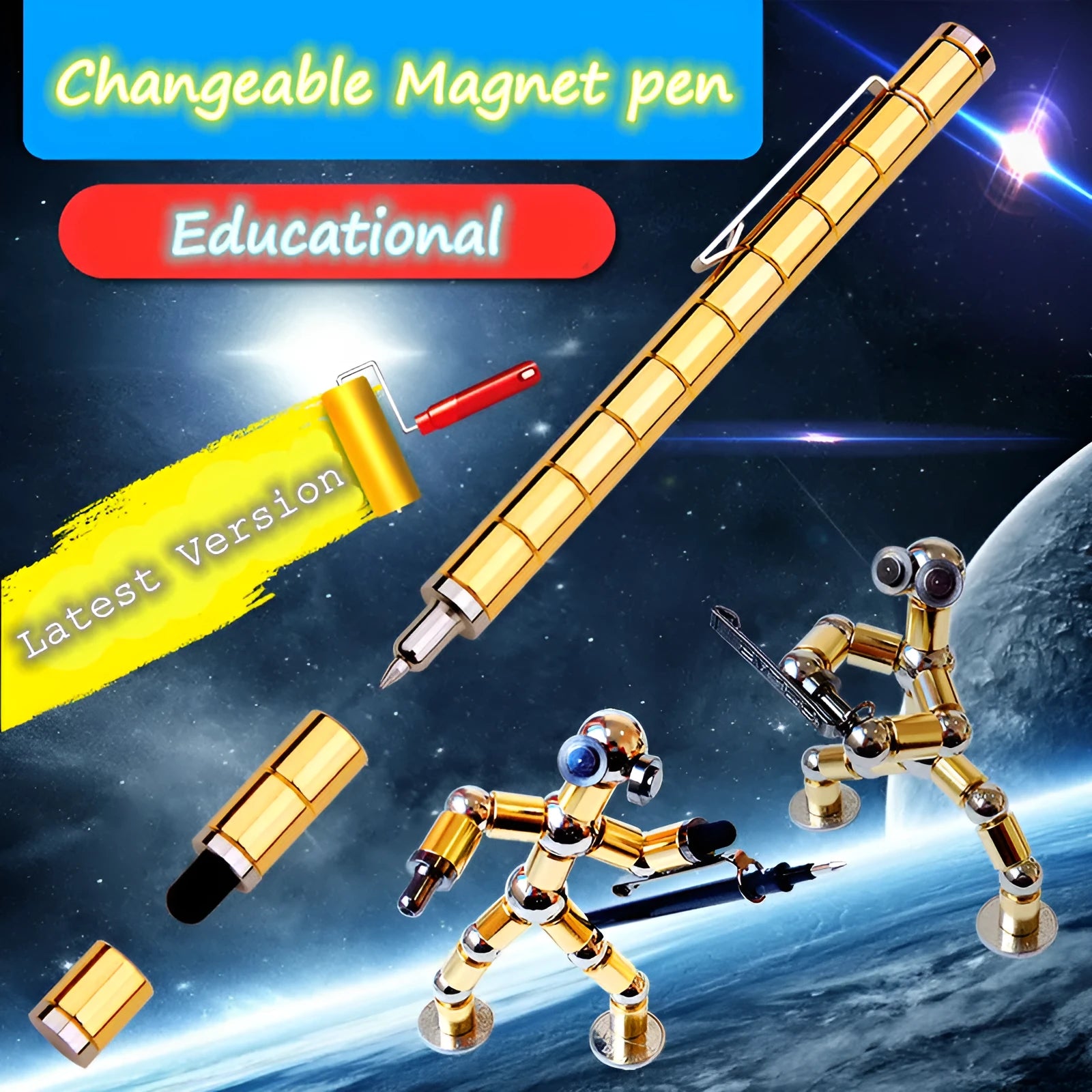 Magnetic modular fidget pen with silver finish, magnetic rings, steel balls, and capacitive head on a table