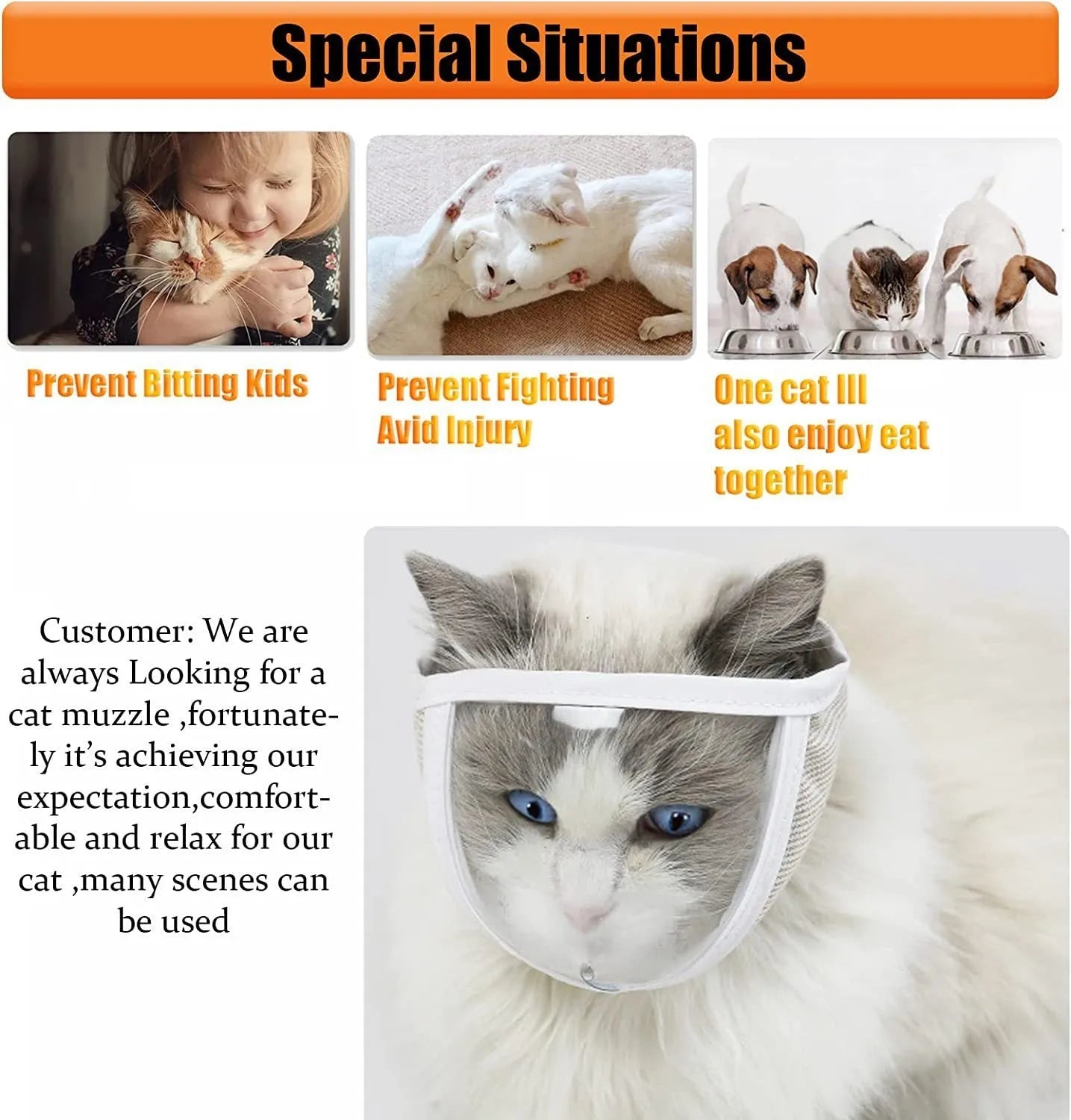 Clear PVC and cotton cat anti-bite muzzle shown in small and medium sizes for grooming.