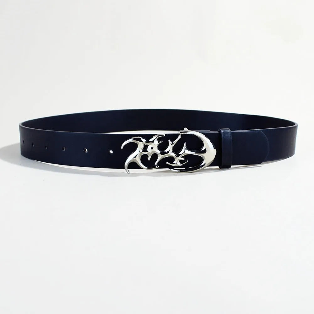 Men's casual silver buckle PU leather belt with snap button fastening.