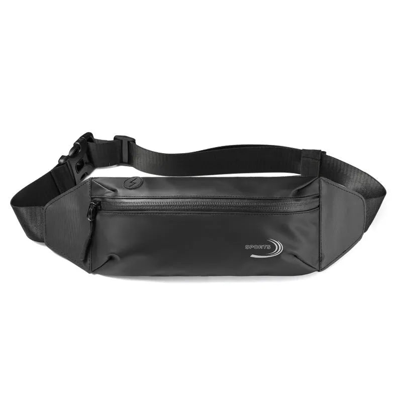 Men's blue waterproof sports waist bag with secure fastening, shown with dimensions