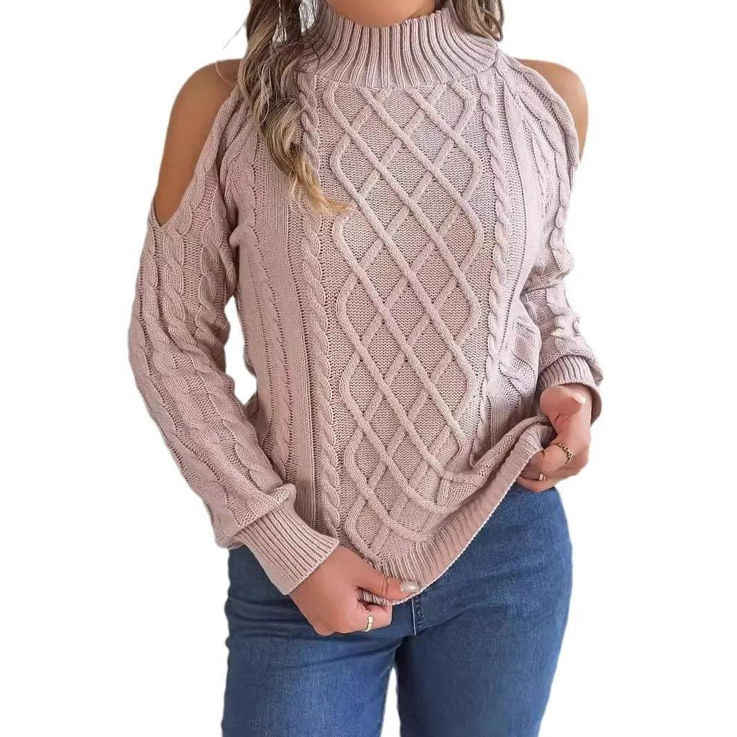 Gray women's strapless pullover sweater with a twisted knit pattern and lantern long sleeves.