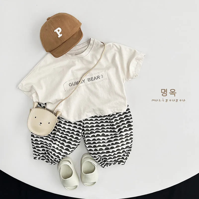Children's short-sleeve cotton T-shirt in apricot and gray, loose casual fit, suitable for 80-130cm height kids