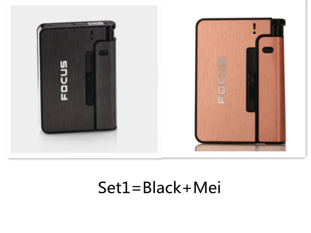 Aluminium alloy automatic cigarette case holding 8 cigarettes with one-button mechanism and lighter insert