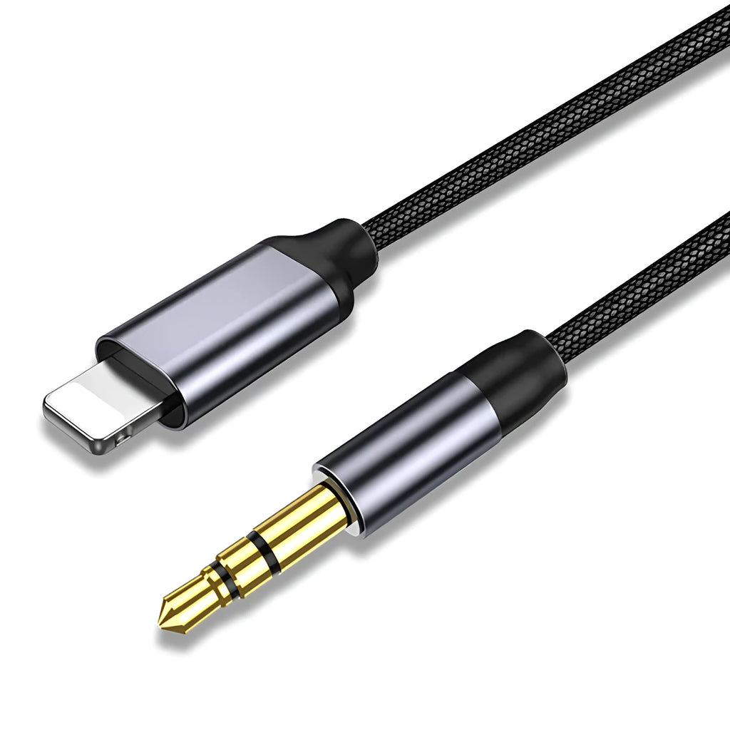 Nylon-braided 3.5mm car audio adapter cable in silver and black colour options.