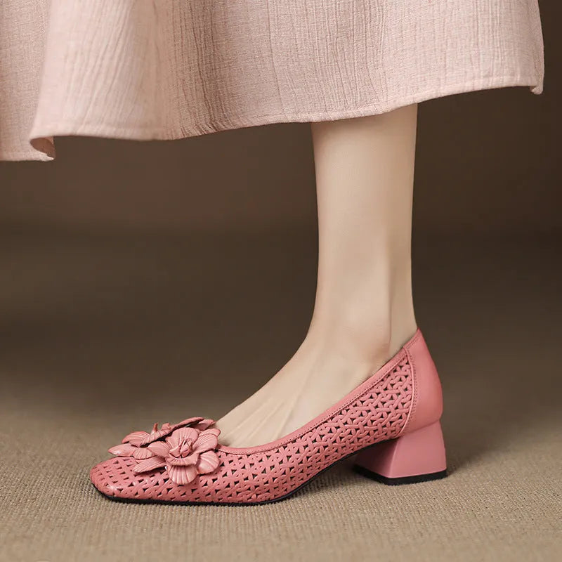 Women's light brown leather weave pumps with hollow design and mid heel on beef tendon sole