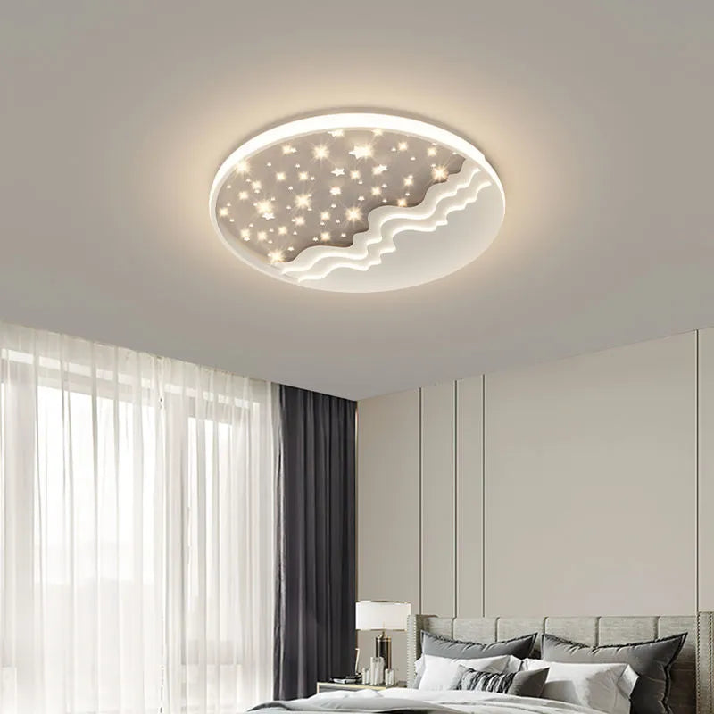 White moon-shaped wrought iron and acrylic bedroom ceiling light with romantic glow