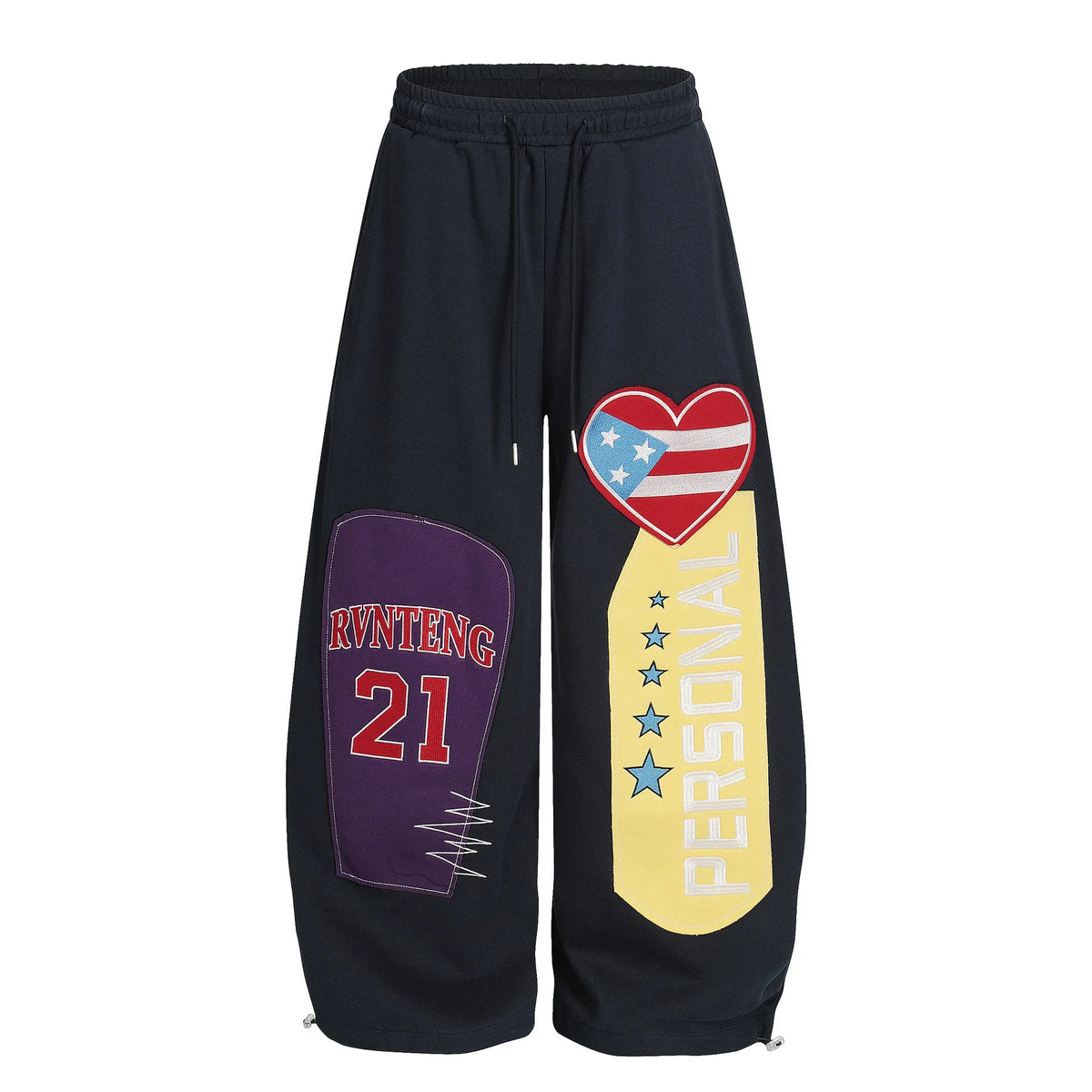 Men's loose casual pants with letter pattern, cotton fabric, mid waist, blue or gray, sizes S-XL