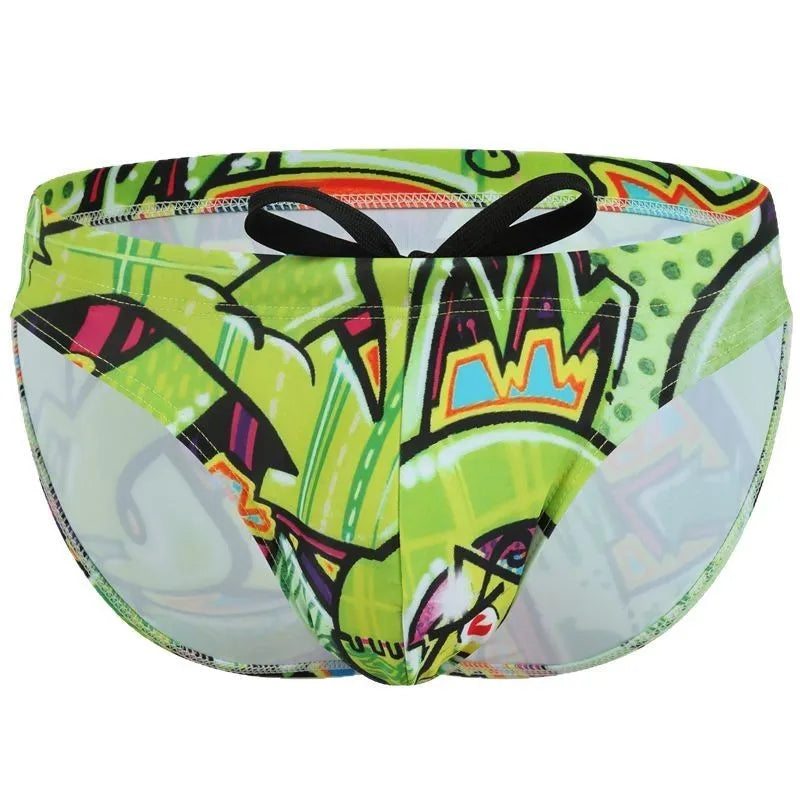 Adult men's printed swimming trunks in polyester, showing pattern options for swimming.