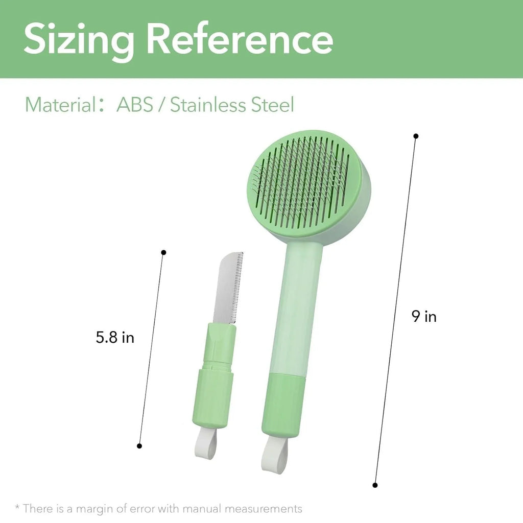Green and yellow pet deshedding brush with stainless steel teeth and hanging loop